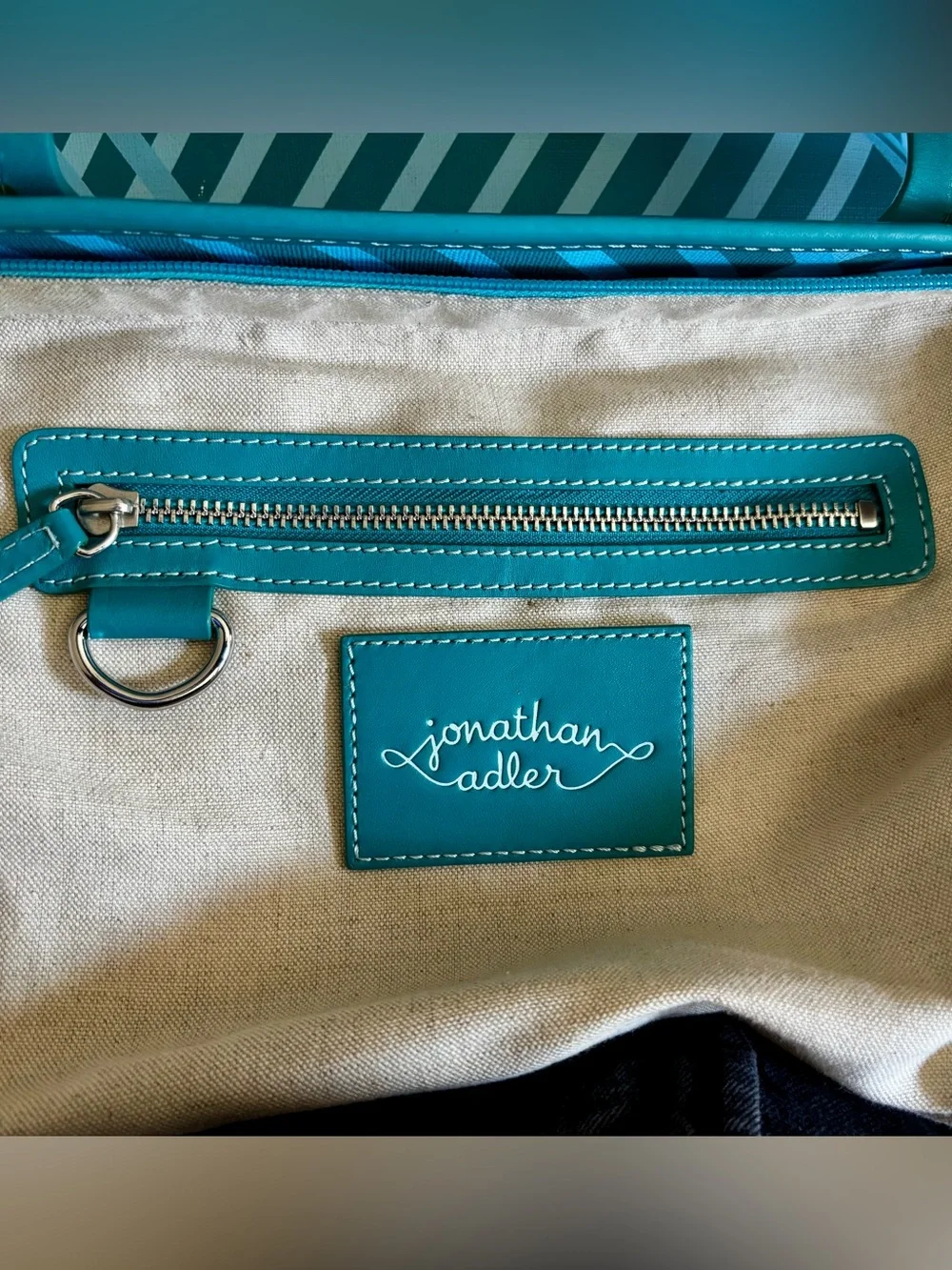 Jonathan Adler Teal Geometric Print Zip Top Tote Shoulder Bag